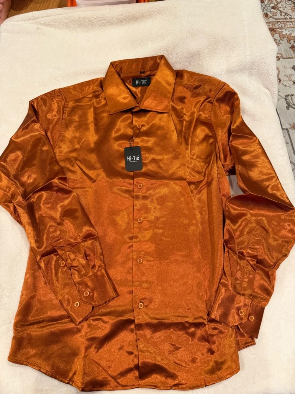 Men's Copper Satin Long-Sleeve Button-Down Shirt - Picture 5 of 8